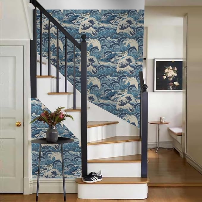 Hand Drawn Blue Sea Wave Reef Peel and Stick Wallpaper Self Adhesive Removable Easy Peel Off Stick on Wall Paper for Bedroom Cabinet Renter Friendly-VerdiqueGarden