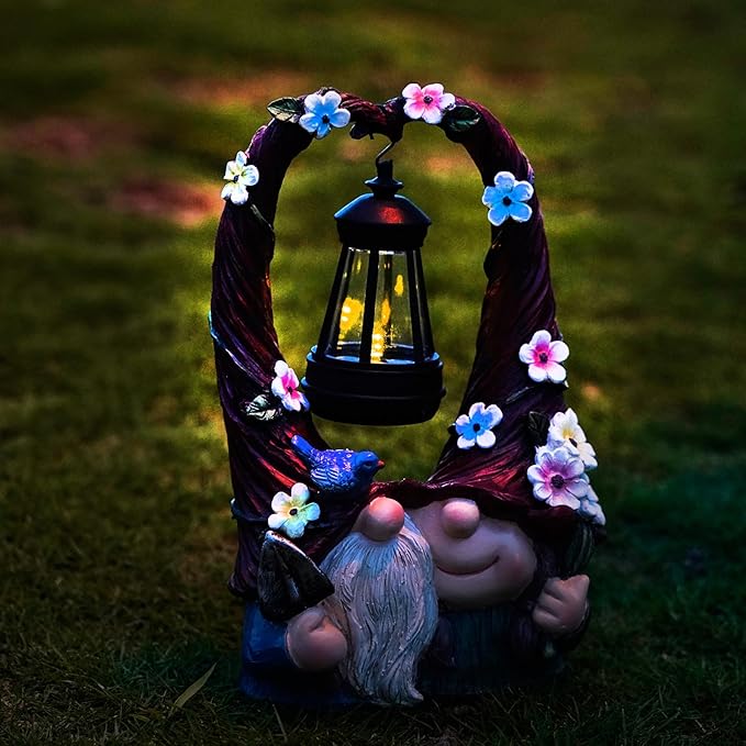 Outdoor Couple Gnome Decorations with Solar Light Lantern Double Cute Gnomes Resin Statues Outdoor Decor Gifts for Valentine's Day Anniversary(Couple Gnome)-VerdiqueGarden