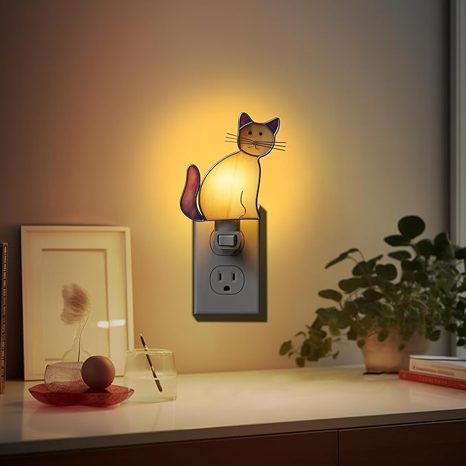 KY&BOSAM Cat Night Light Stained Glass Yellow Plug in Nightlight Decorative Wall Night Lights 7 Watt Bulb Accent Lite Night Memorial Gifts Pet Lost Sympathy Thoughtful Dogs and Cats Remembrance Decor-VerdiqueGarden