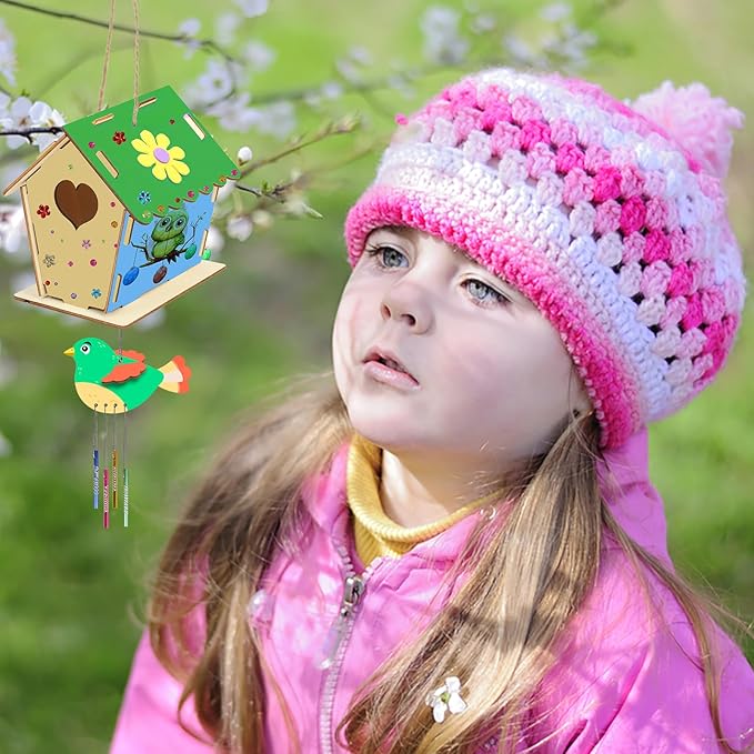 Fennoral 12 Pack Bird House Craft Kit for Kids Make You Own Bird Wind Chime Kit DIY Build and Paint Wooden Birdhouses Bird Feeder Art and Craft for Spring Yard Garden Outdoor Decoration-VerdiqueGarden