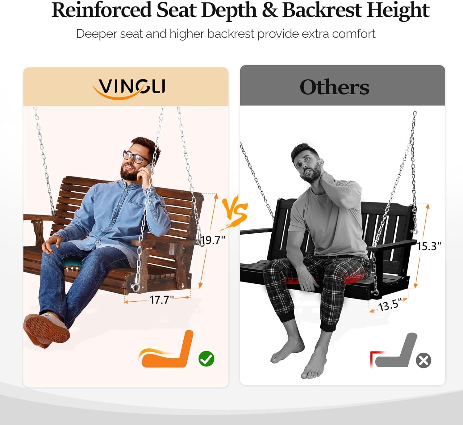 VINGLI XL Size Patio Wooden Porch Swing Outdoor with Cup Holders, Heavy Duty 880 LBS Hanging Swing Chair Bench with Hanging Chains for Yard, Lawn, Garden (4 FT Pro, Rustic)-VerdiqueGarden