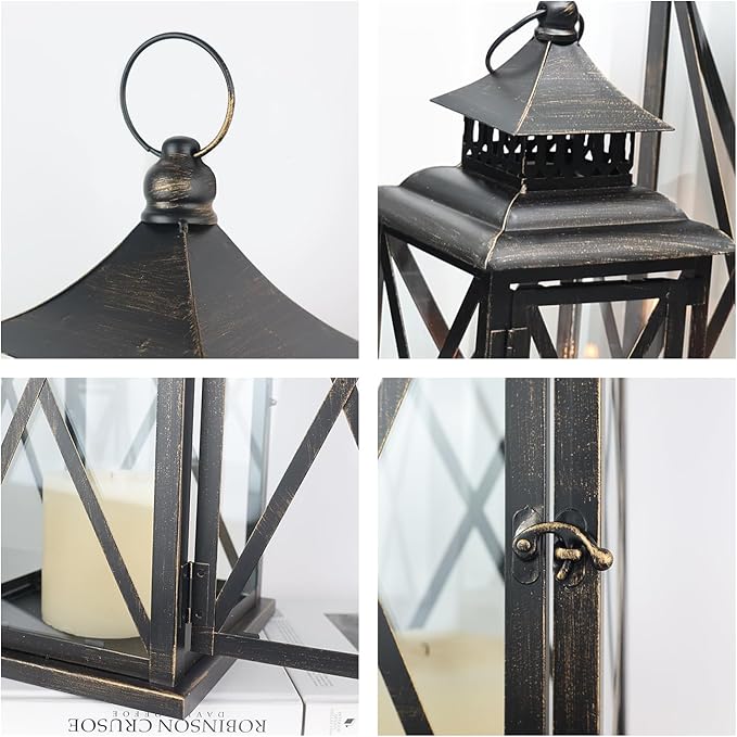 DECORKEY 3PCS (20’’&13’’&9’’) Lanterns Decorative Indoor & Outdoor, Vintage Metal Frame Candle Holders for Front Porch, Patio, Pathway, Balcony, Garden, Yard Decor, Halloween Christmas Decorations-VerdiqueGarden
