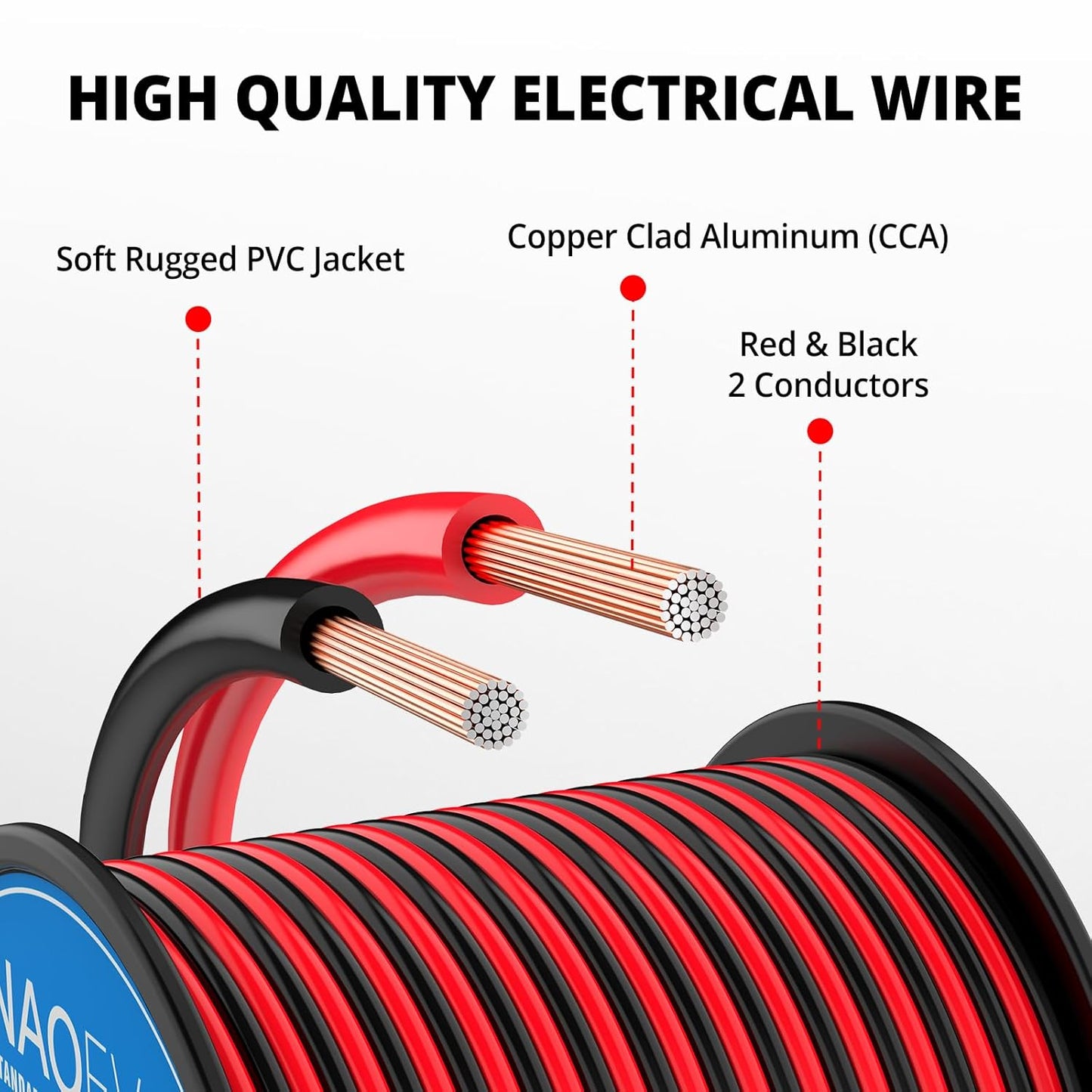 NAOEVO 14 Gauge Wire 50FT, 2 Conductors Electrical Wire Red Black Cable, Flexible/Low Voltage/PVC 14 AWG Copper Clad Aluminum Extension Cord for Speaker, LED Strips, Automotive 12V/24V DC-VerdiqueGarden