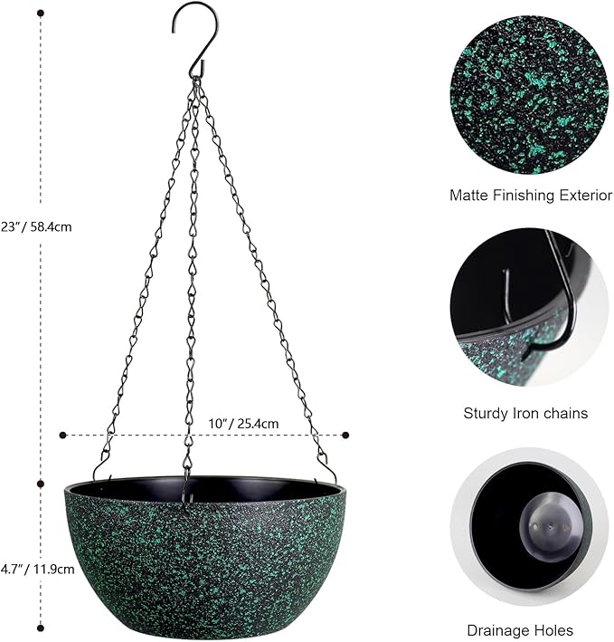 10 inch Hanging Planters for Indoor Outdoor Plants, 2 Pack Hanging Flower Pots with Drainage Holes and Chain for Garden, Plastic Hanging Baskets for House Plants, Black with Green Speckles-VerdiqueGarden