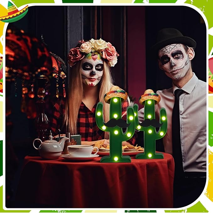 12 Pcs Cinco de Mayo LED Cactus Light with Mini Sombrero Straw Hats and Fake Beard Cinco De Mayo Table Decor Mexican Party Supplies for Table Room Bedroom Party Decoration (4.72 x 2.76 Inch)-VerdiqueGarden