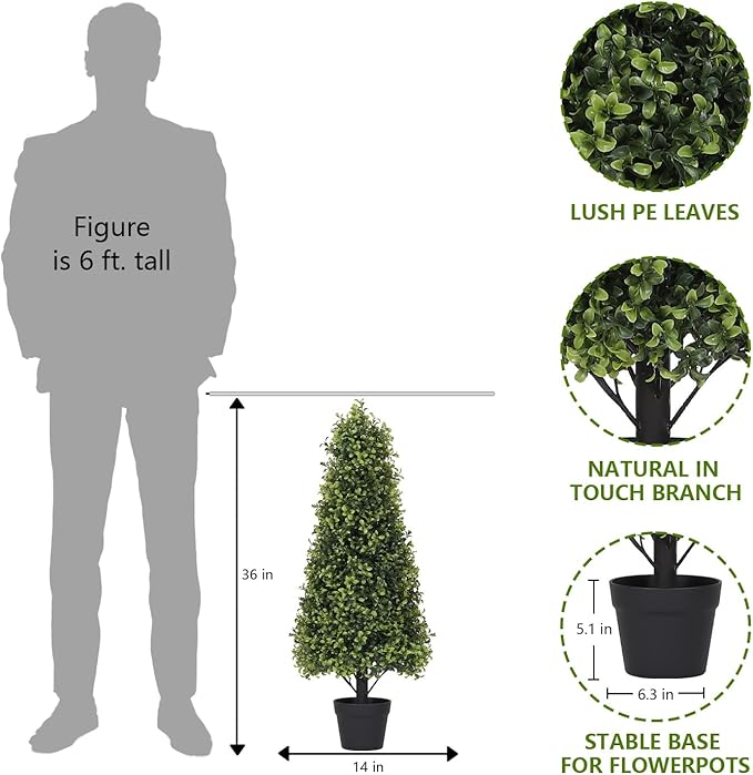3ft Artificial Boxwood Topiary Trees (Set of 2) - UV Resistant Faux Plants Outdoor, Realistic 36in Fake Cone Bushes and Shrubs for Front Porch, Planter, Patio - Low Maintenance & Evergreen-VerdiqueGarden