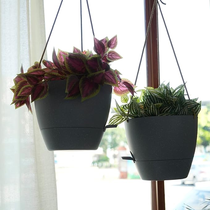 10 Inch Self Watering Hanging Pots, 2 Pack Hanging Planters with 40oZ Deep Reservior for Indoor Outdoor Plants Flowers, Grey-VerdiqueGarden