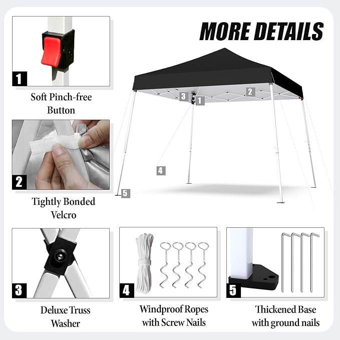 10x10 Pop Up Canopy, 300D Silver Coated Black Fabric Outdoor Gazebo, Beach Tent Slant Legs with Storage Bag,Easy Up Sun Shade Shelter Tents with 8x8 Top Cover for Patio,Party-VerdiqueGarden