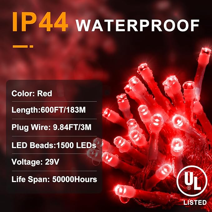 KNONEW 600ft 1500 LED String Lights Outdoor Christmas Lights 8 Modes & Timer Fairy Light Plug in Waterproof LED String Lights for Xmas Yard Tree Wedding Party Holiday Decorations (Red)-VerdiqueGarden