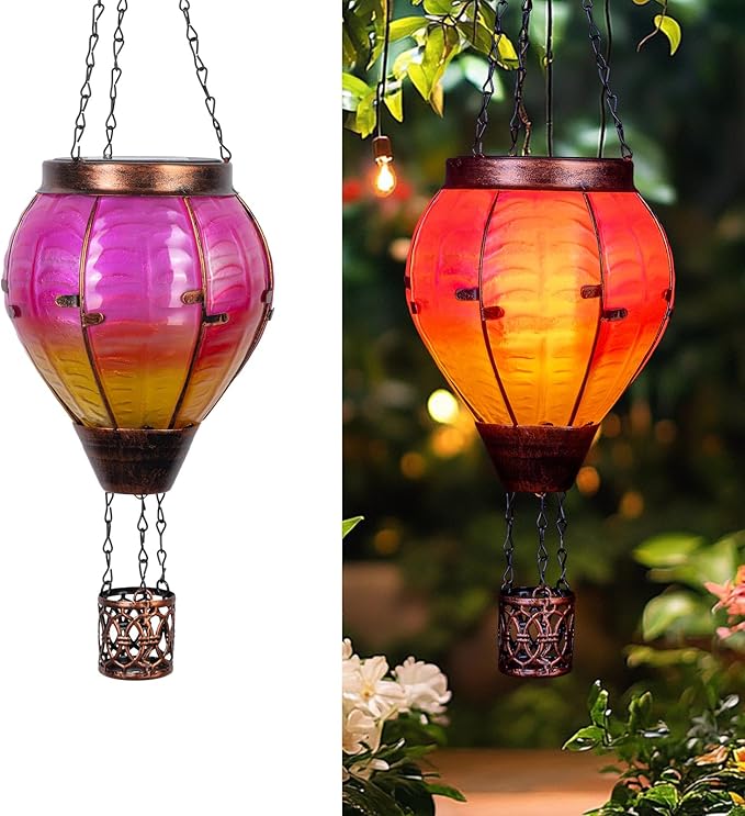 Hot Air Balloon Solar Lantern with Flickering Flame Light Outdoor Solar Hanging Lights Waterproof for Garden Yard Farmhouse Patio Pathway Outside Decoration, Pink&Orange-VerdiqueGarden