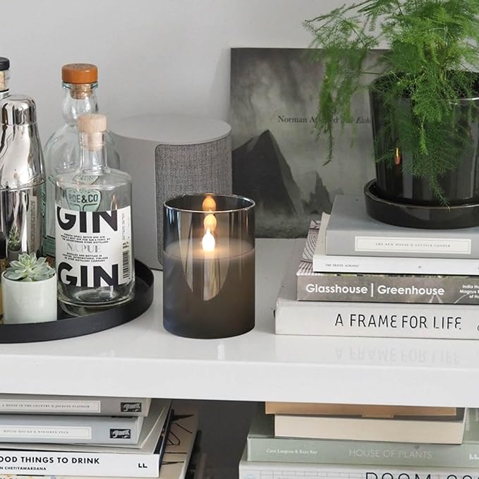 LED Flickering Candles with Remote Timer,Glass Flamless Pillar Candles Real Wax with 3D Wick Realistic,Warmth Decoration for Wedding Home Festival (Grey)-VerdiqueGarden