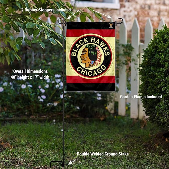 WinCraft Chicago Blackhawks Vintage Retro Garden Flag with Pole Stand Holder-VerdiqueGarden