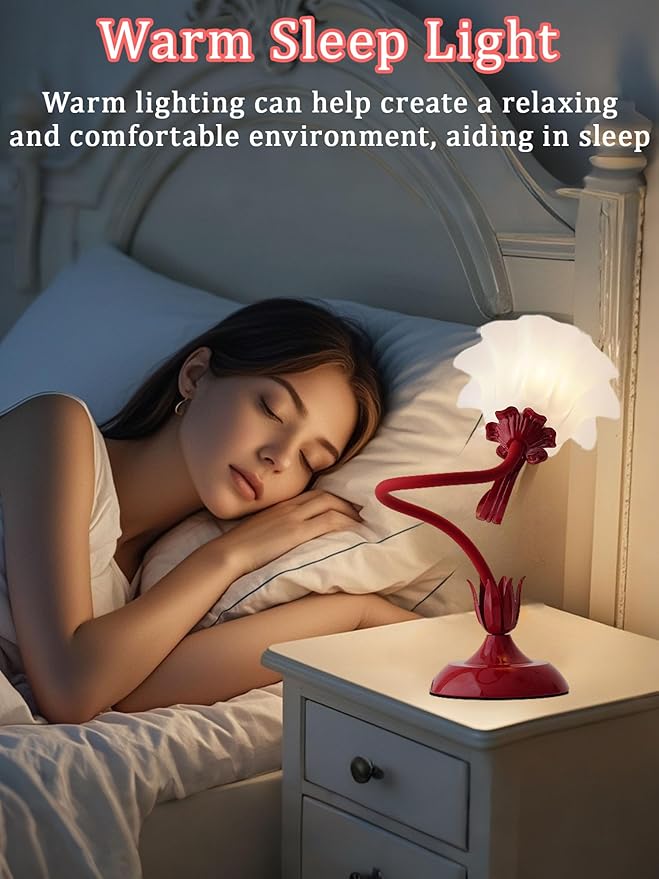 Flower Table Lamp,LED Reading Light Bedside Vintage Flower Night Light,3 Colors Modes Kawaii Bedside Lamps Decor,Living Room Bedroom Room Lighting Table Lamps Home Decoration (Red)-VerdiqueGarden