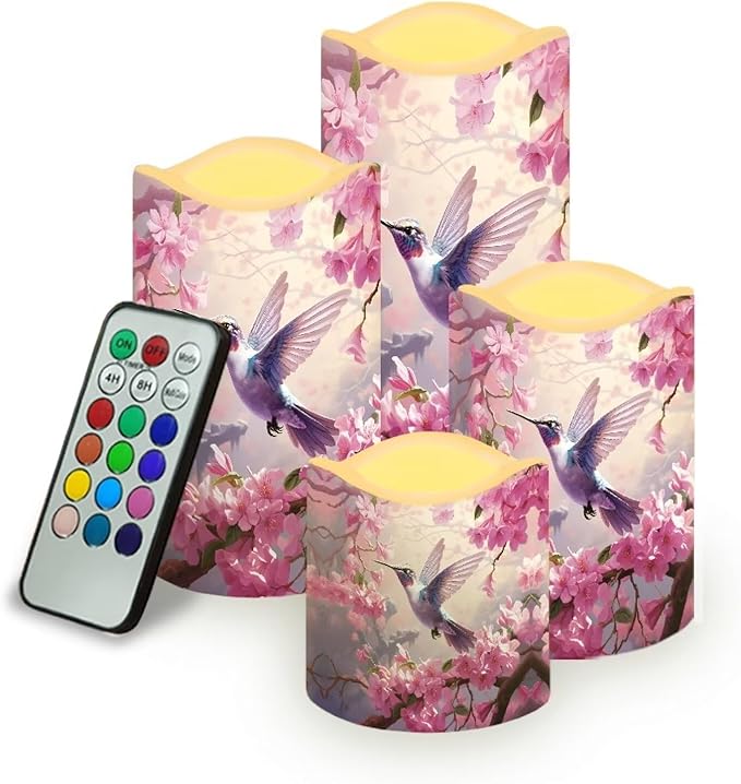 Ystardream Hummingbird Operated Candles with Flickering Flame Flameless Taper Candles Flickering Peach Blossom Operated Electric Pillar Candle LED Candle for Indoor Outdoor Home Decor-VerdiqueGarden