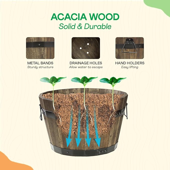 IDZO Set of 3 Wooden Flower Planters for Outdoor Plants, Acacia Wood Barrel Planters, Ergonomic Handles, Drainage Holes, Various Sizes, Walnut-VerdiqueGarden