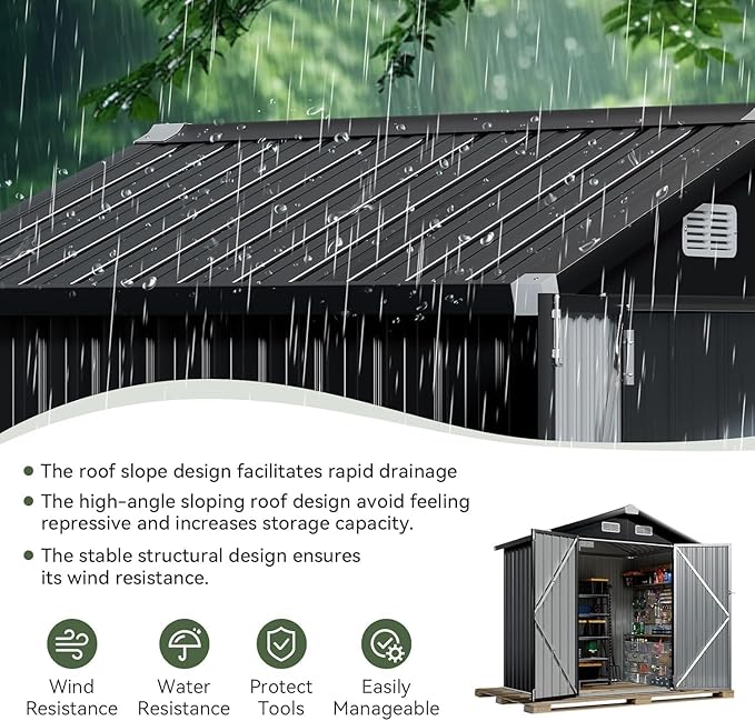 Aoxun 6'x4' Outdoor Storage Shed with Base Galvanized Steel Metal Garden Shed for Patio, Lawn & Garden Black, 6' x 4'W/Base-VerdiqueGarden