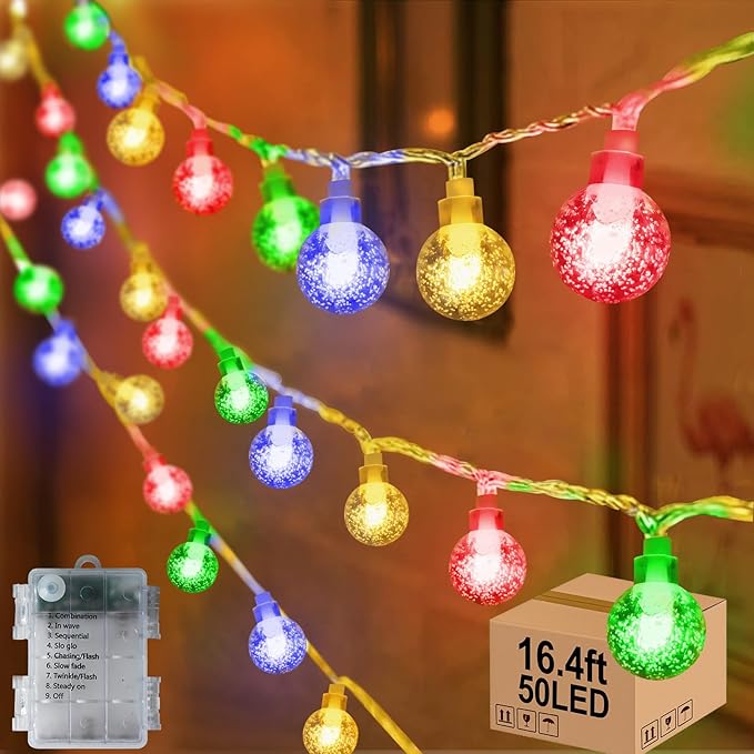 16.4ft 50LED Globe String Lights Indoor Bedroom Battery Operated, Crystal Fairy Light IP44 Waterproof Outdoor Hanging Decorative Lights for Home Tent Patio Garden Party Wedding Decor-VerdiqueGarden