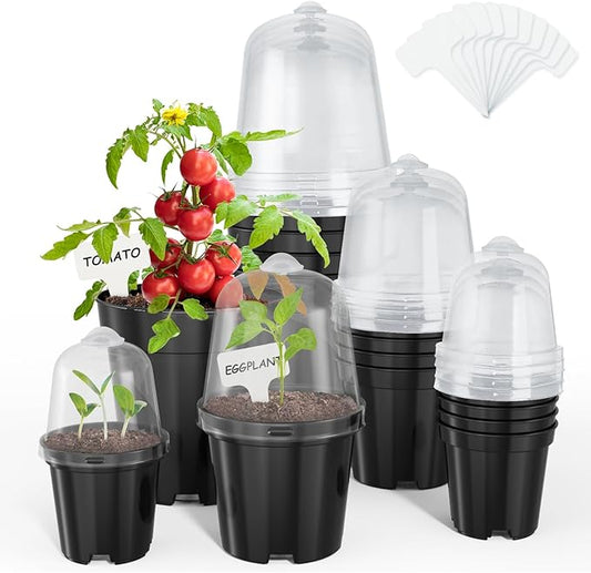 homenote Nursery Pots for Plants,3/4/5 Inch Plant Pot for Planting with Humidity Domes Plastic Seedling with Drainage Holes Seed Starter Flower with 10 Labels Black (15 Pack)-VerdiqueGarden