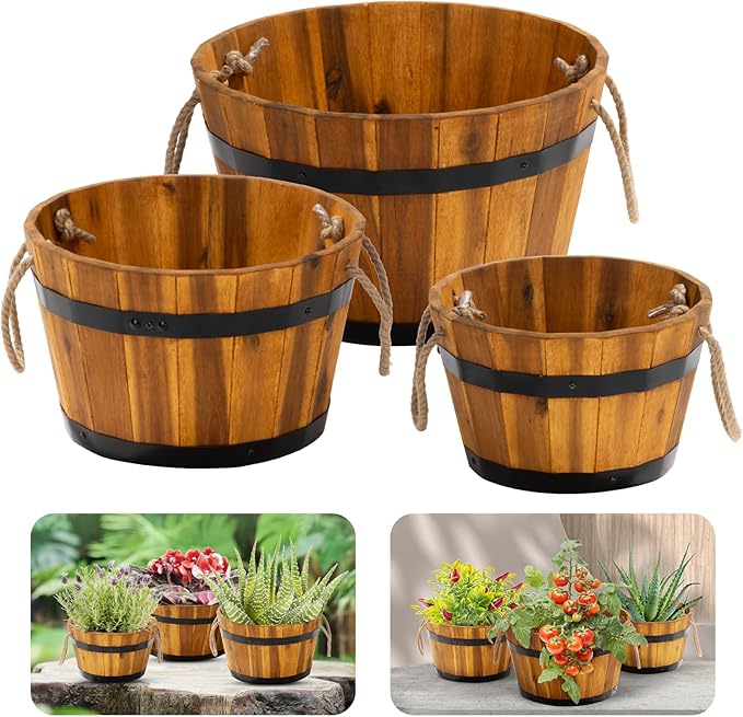 IDZO Set of 3 Wooden Flower Boxes Outdoor, Durable Acacia Wood Barrel Planters for Outdoor Plants with Ergonomic Handles, Drainage Holes, Multiple Sizes Wood Bucket Planter for Home Décor-VerdiqueGarden