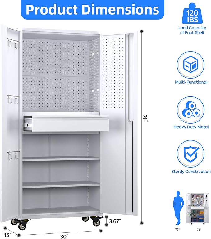 Metal Garage Cabinet with Wheels,71''H Rolling Lockable Steel Tool Cabinet with Pegboard & Drawer for Garage,Home,Office Assembly Required,White-VerdiqueGarden