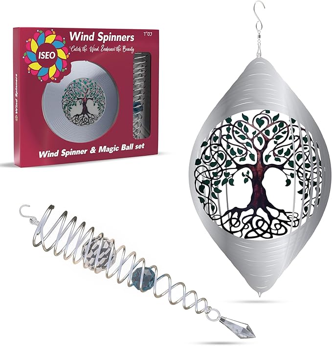 ISEO Tree of Life Wind Spinner Outdoor and Gazing Ball Set, Metal Yard and Garden Decoration, Weather-Resistant Wind Spinners for Outdoor, 6.5" Cool Garden Décor, Perfect Wind Spinner Gift-VerdiqueGarden