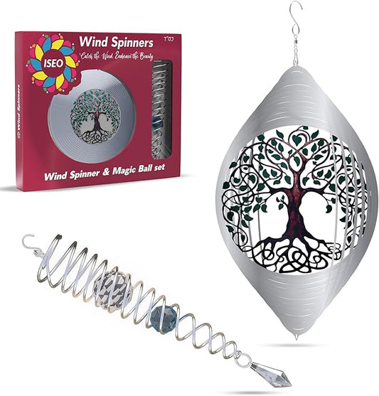 ISEO Tree of Life Wind Spinner Outdoor and Gazing Ball Set, Metal Yard and Garden Decoration, Weather-Resistant Wind Spinners for Outdoor, 6.5" Cool Garden Décor, Perfect Wind Spinner Gift-VerdiqueGarden