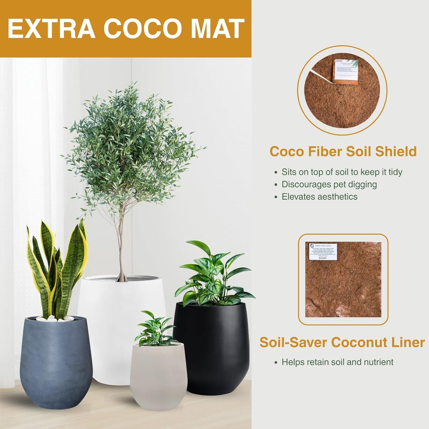 16.5" H x 15" D Corso Fiberstone Round Tapered Planter with Drainage Hole, Smooth Finishes, Weather Resistant for Indoor & Outdoor Use, Included 2 Extra Coco Mats (Black, 11.5" Pot Opening)-VerdiqueGarden