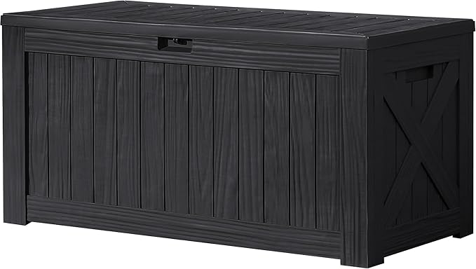 Devoko 120 Gallon Deck Box Resin Outdoor Storage Box Waterproof for Patio, Large Outdoor Storage Bench Lockable for Outside (Black)-VerdiqueGarden