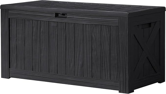 Devoko 120 Gallon Deck Box Resin Outdoor Storage Box Waterproof for Patio, Large Outdoor Storage Bench Lockable for Outside (Black)-VerdiqueGarden