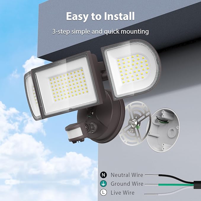 iMaihom 100W Motion Sensor LED Security Light, 9000LM Super Bright Flood Lights Outdoor, 6500K Exterior Floodlight, IP65 Waterproof, 3 Head Adjustable Motion Detector Light for Yard Garage (Brown)-VerdiqueGarden