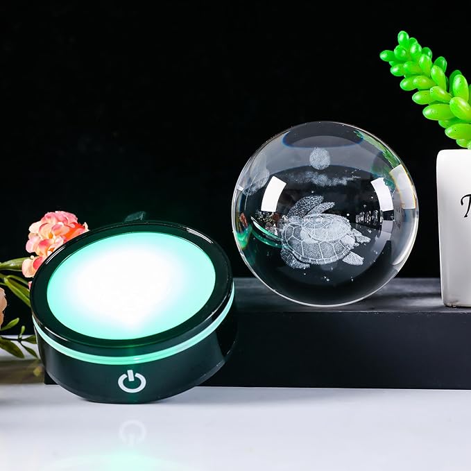 YWHL 3D Sea Turtle Crystal Ball Figurine with LED Base Laser Sea Turtle Gifts for Women Men on Christmas Birthday Decorative Turtle Ball Sea Turtle Glass Globe Night Light for Home Decor (80mm)-VerdiqueGarden