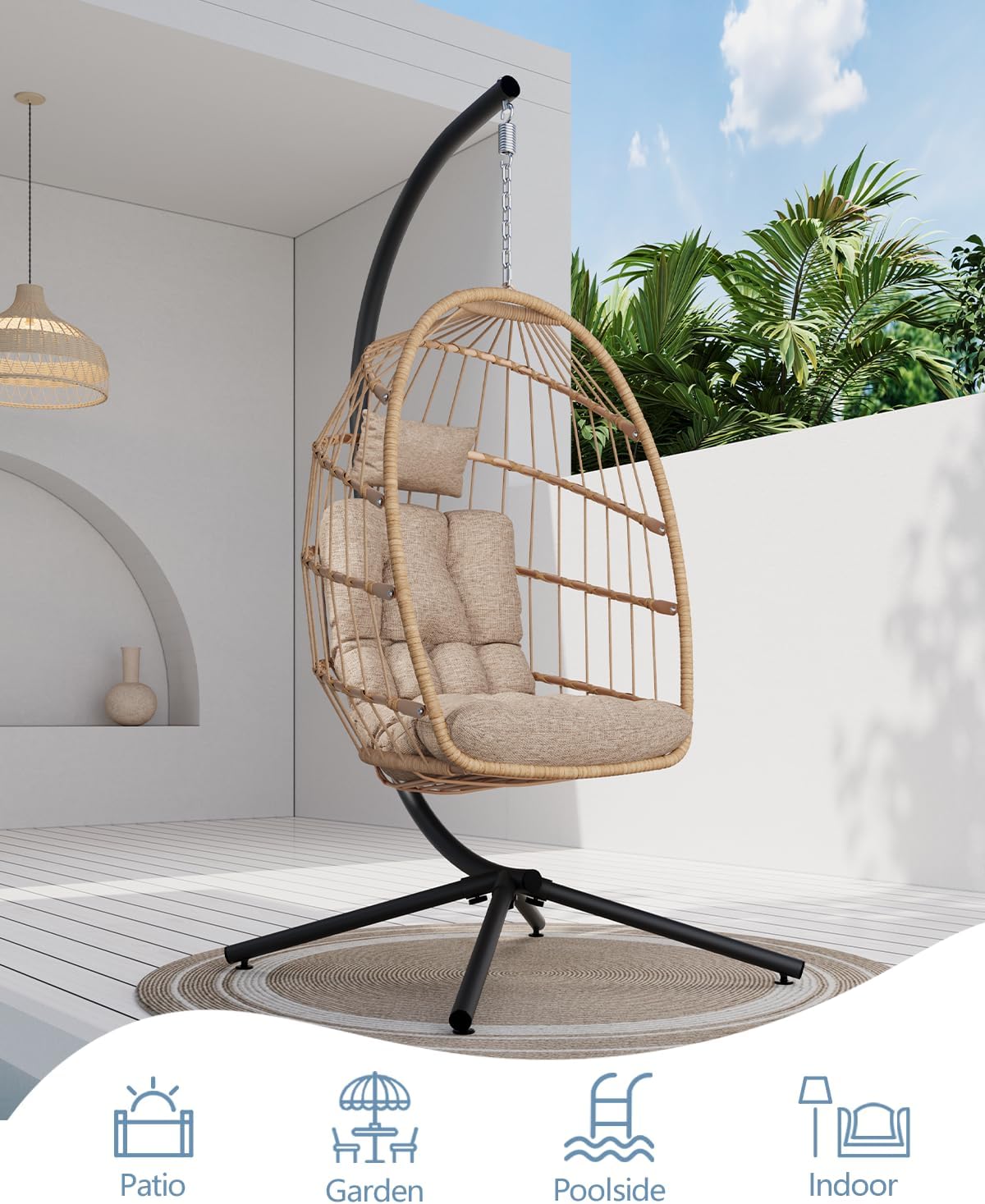 SWITTE Egg Chair Outdoor with Stand, Indoor Wicker Hanging Egg Swing Chair with Cushion, 350lbs Capacity for Patio, Bedroom, Garden - Cream-VerdiqueGarden