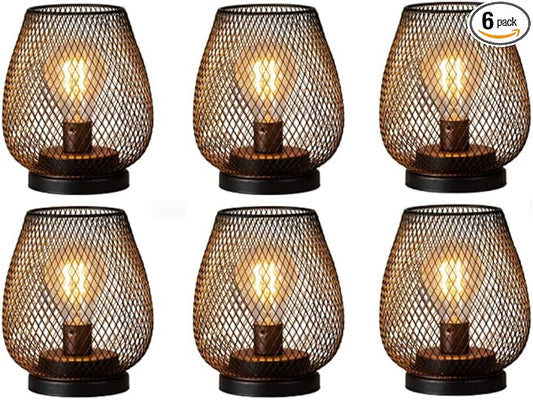 DECORKEY Set of 6 Battery Operated Lamp LED Table Lantern, Brown Metal Cage Cordless Lamps with LED Bulb，Vintage Decorative Outdoor Lantern for Weddings, Parties, Patio, Events for Indoors Shelf Decor-VerdiqueGarden