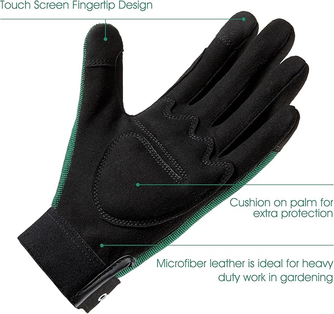 COOLJOB Thorn Proof Garden Gloves with Touchscreen Fingers for Men, Rose Pruning Work Gloves with Palm Cushion for Gardener, Farmer and Landscaper (Green 1 Pair Small)-VerdiqueGarden