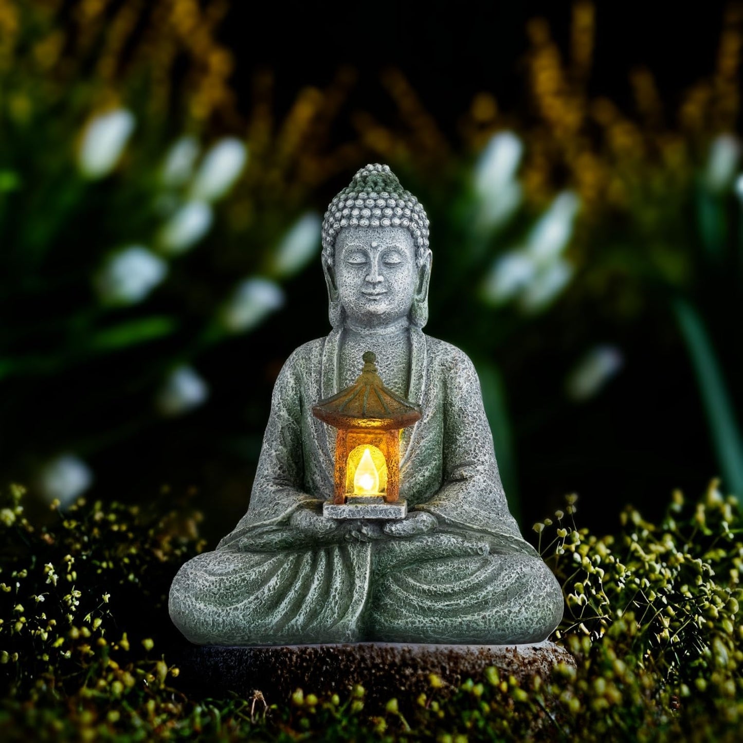 Buddha Garden Statue with Solar Light, Resin Zen Decor for Outdoor Patio or Indoor Meditation, Spiritual Gift for Women and Friends (Grey Pavilion)-VerdiqueGarden