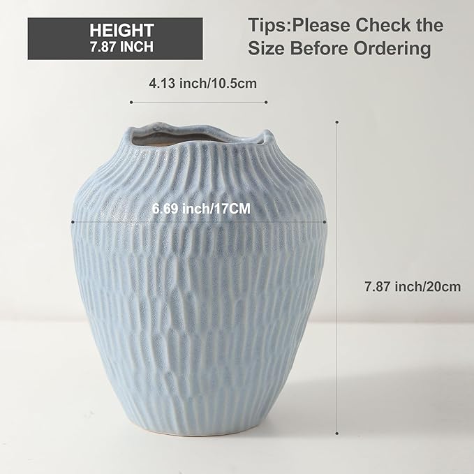 Ceramic Vase for Home Decor,7.8 Inch Flower Vases，Decorative Blue Vase for Pampas Grass，Modern Art Texture Vases for Home Entryway Living Room Dining Table Farmhouse Office Decor-Mat Blue-VerdiqueGarden