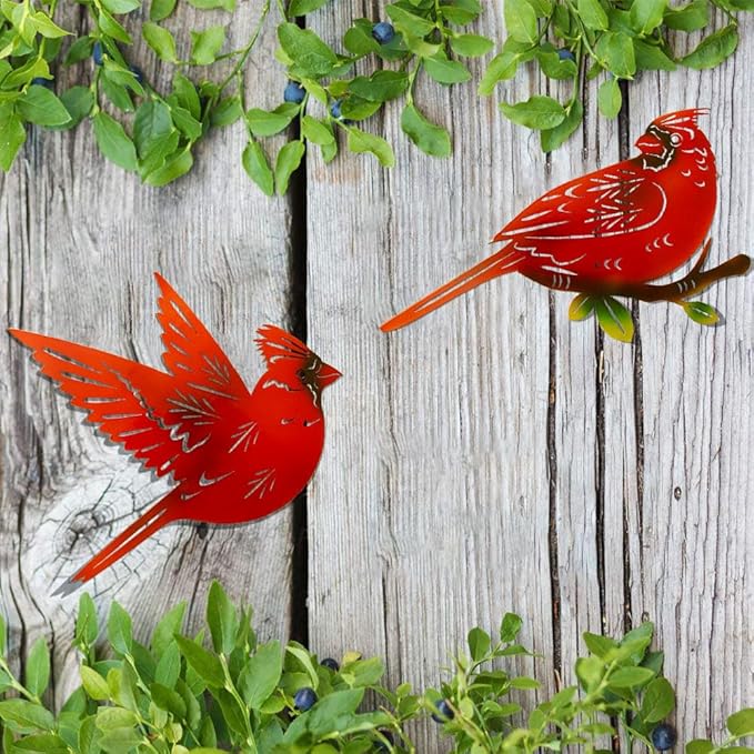 4 Pack Metal Cardinal Wall Art Decor Metal Birds 3D Outdoor Sculpture, Ornaments Hand-Made Nimble red Bird, Gifts for Mom,Birthday Gifts for Grandma Wife-VerdiqueGarden