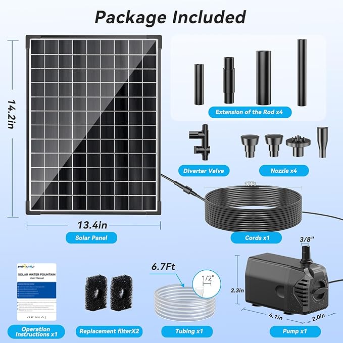 POPOSOAP 25W Solar Water Fountain Pump, Solar Water Pump with Flow Adjustable, Solar Pond Pump Pump with Dry-Run Protection & Diverter Valve for Ponds, Garden, Fish Tank, Waterfall, Hydroponics-VerdiqueGarden
