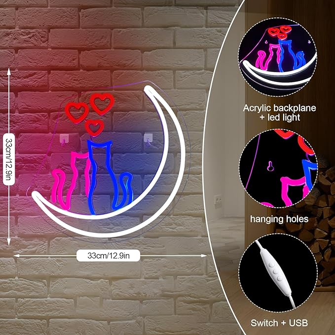 Two Cats on Moon Neon Sign,Cute Couple Kittys Neon Lights for Wall Decor,Kawaii Animal 3D LED Neon,USB Light Up Signs for Girls Bedroom Bar Home Party Valentine's Day Cat Lovers Weddings-VerdiqueGarden
