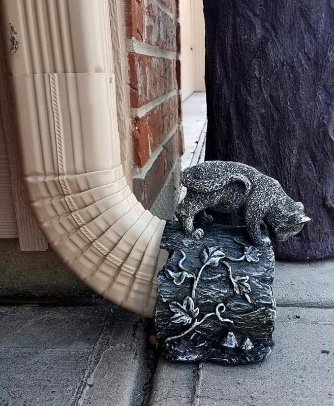 Gutter Downspout Extension - Downspout Splash Block - Downspout Diverter Garden Statue (Playful Chasing Kitty and Frog)-VerdiqueGarden