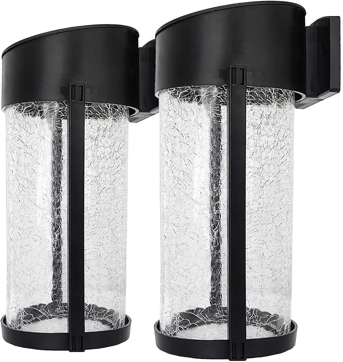 2PK Solar Outdoor Wall Lights with Crackle Glass Shade, Porch Fence Exterior Light Fixture Solar Powered Wall Scones-VerdiqueGarden