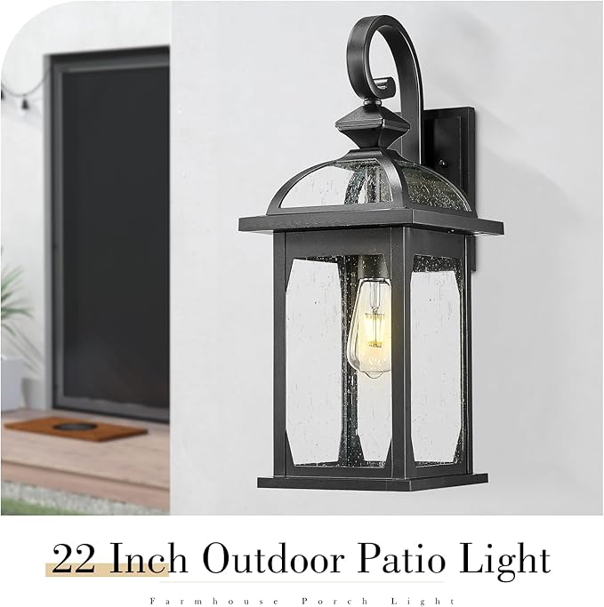 zeyu 22 Inch Outdoor Wall Light Sconce, Large Exterior Wall Light Fixture for House Porch, Die-Cast Aluminum with Seeded Glass, Black Finish, ZD100B-M BK-VerdiqueGarden