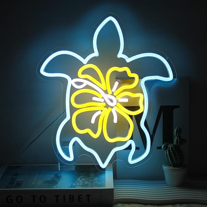 Sea Turtle Hibiscus Neon Signs for Wall Decor Blue Turtle Neon Light Yellow Flower LED Neon Wall Sign Ocean Neon Light Up Sign for Bedroom Living Room Office Decor Sea Turtle Gifts-VerdiqueGarden