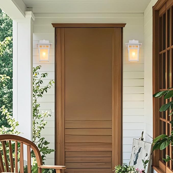Outdoor Wall Lantern, Exterior Lighting Fixtures Wall Mount, 2 Pack White Outdoor Sconces with Seeded Glass, Exterior Porch/Patio Lights for House Front Door Garage-VerdiqueGarden