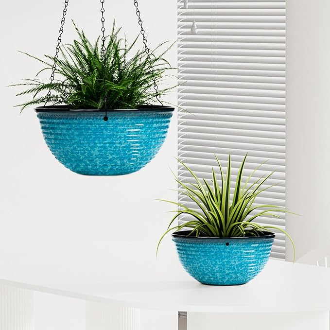 10 Inch Hanging Planter, 2 Pack Hanging Planters for Indoor Outdoor Plants Self Watering Hanging Pots with Drainage Holes for Garden Home (Snowflake Blue)-VerdiqueGarden