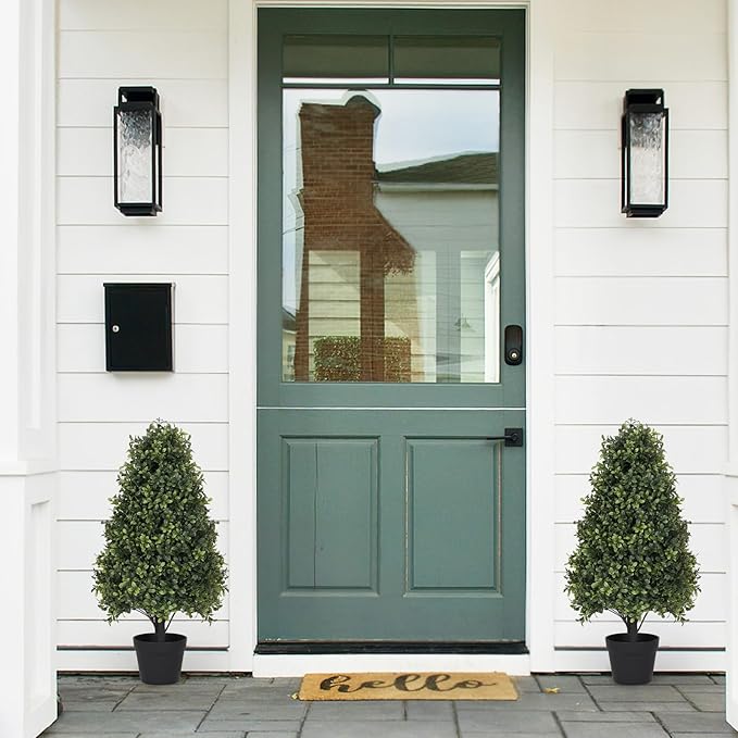 30" Boxwood Topiary Trees Artificial Outdoor Set of 2, UV Resistant Faux Plants for Front Porch Planters, Realistic Cone-Shaped Fake Bushes & Shrubs, 2.5ft Evergreen Decoration-VerdiqueGarden