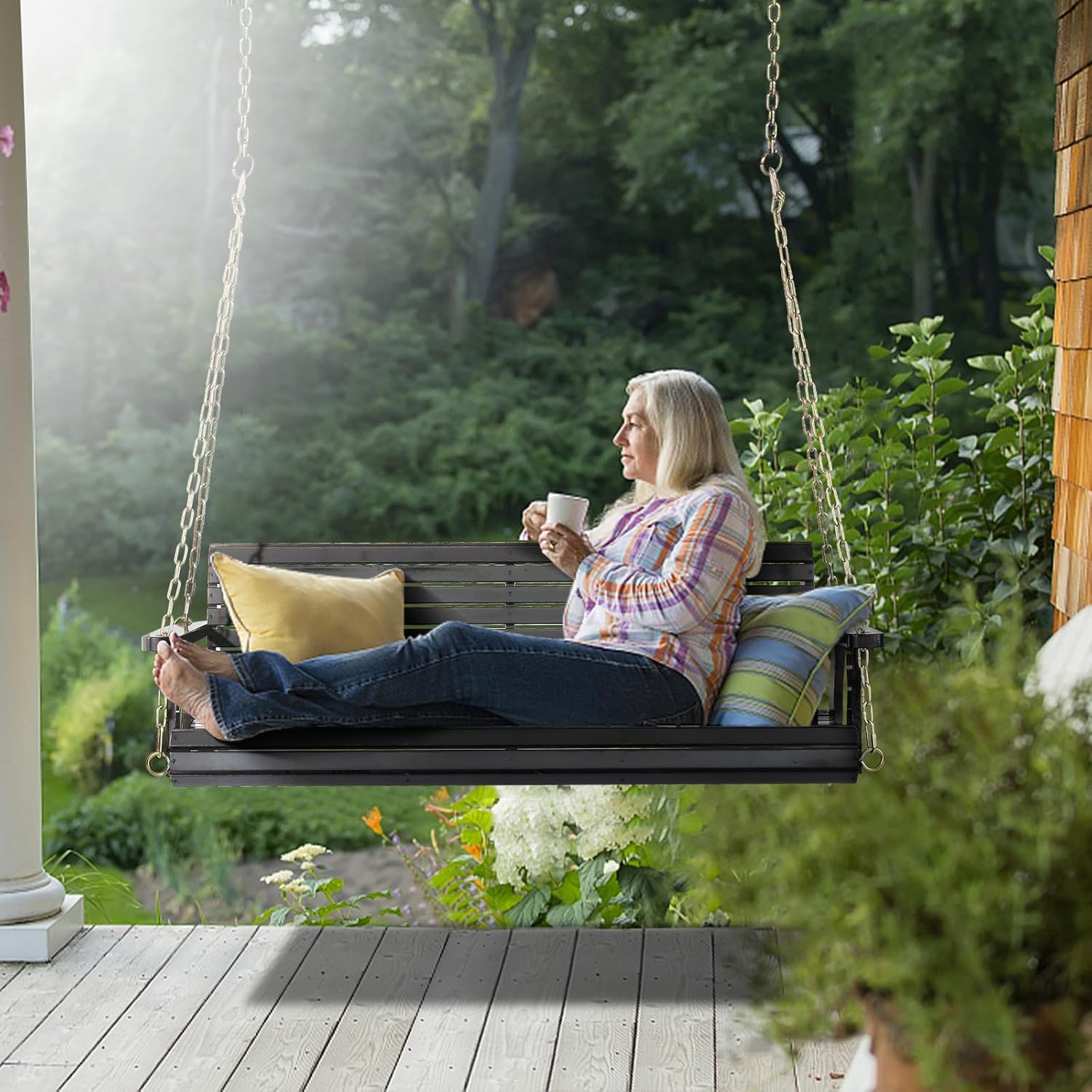 VINGLI Upgraded Patio Wooden Porch Swing for Courtyard & Garden, Heavy Duty 880 LBS Swing Chair Bench with Hanging Chains for Outdoors (Black, 4 FT)-VerdiqueGarden