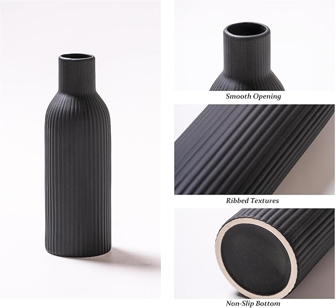 Ceramic Vase Set of 3, Flower Vases for Spring Room Decor, Kitchen Farmhouse, Modern Boho Style(Khaki/Black/Grey)-VerdiqueGarden