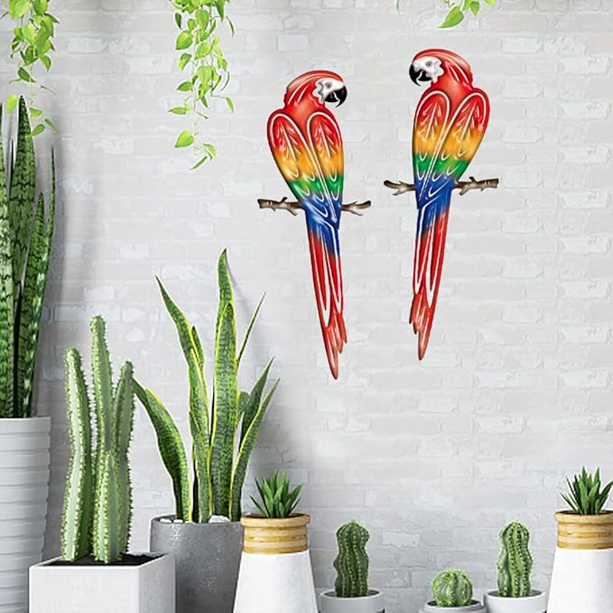 Metal Outdoor Wall Art Decor,3D Colorful Garden Birds Sculpture Outdoor Iron Hanging Parrot Decor, Metal Hand-Made Bird Wall Art Decorations for Fence Patio Balcony Living Room-VerdiqueGarden