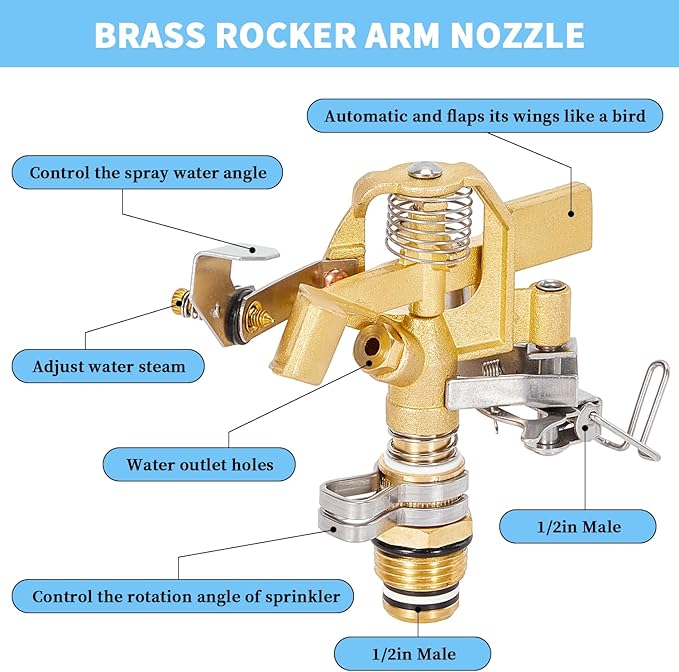 1/2 Inch Brass Sprinklers Head,Heavy Duty Water Sprinkler for Yard with 360 Degree Large Area Coverage Irrigation, Adjustable Impact Sprinklers Head Nozzle for Grass Patio Garden Irrigation-VerdiqueGarden